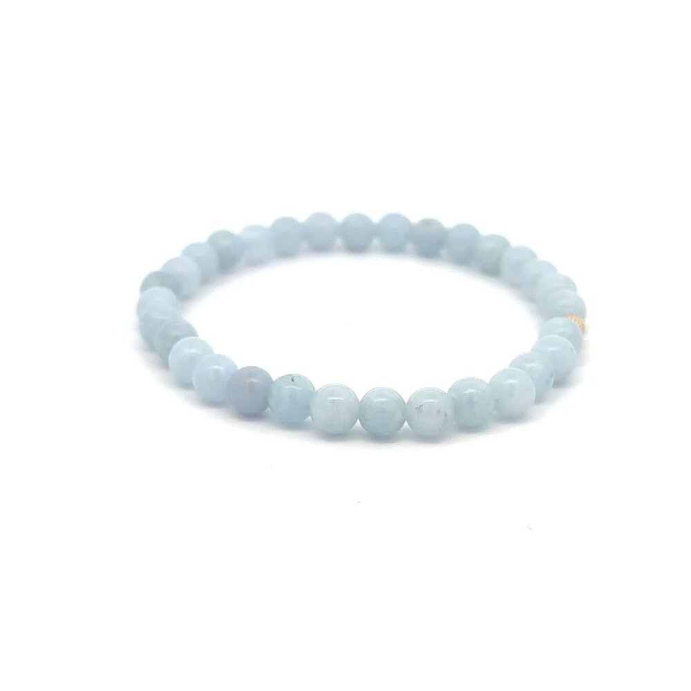 Natural Gemstones Aquamarine 6mm Stretchable Bracelet 14k Gold Corrugated Bead - Picture 5 of 6